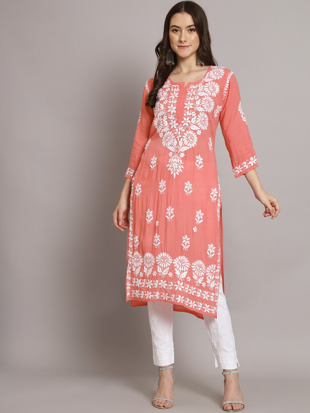 

PARAMOUNT CHIKAN Ethnic Motifs Embroidered Chikankari Kurta, Coral