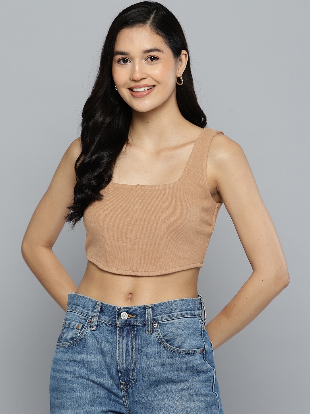 

VividArtsy Cotton Fitted Crop Top, Brown
