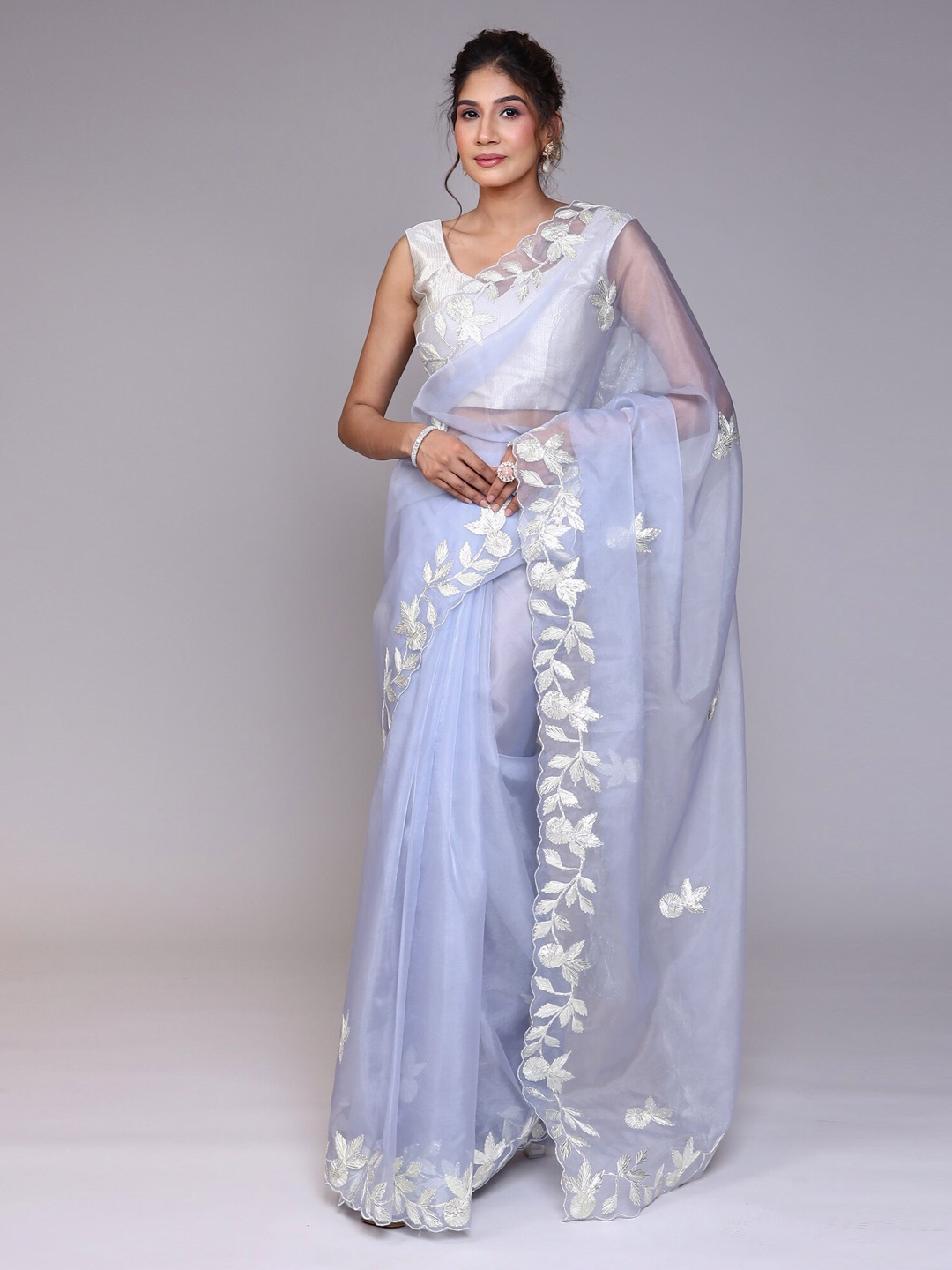 

ZARI Floral Embroidered Organza Saree, Blue