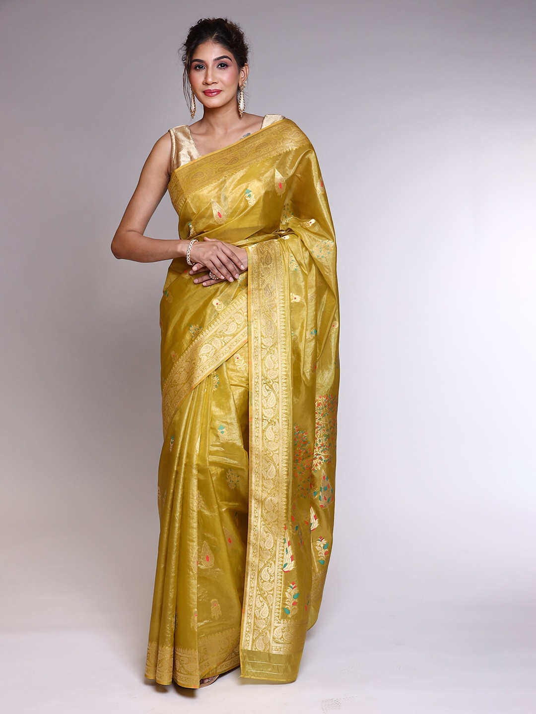

ZARI Floral Woven Design Pure Silk Handloom Saree, Yellow