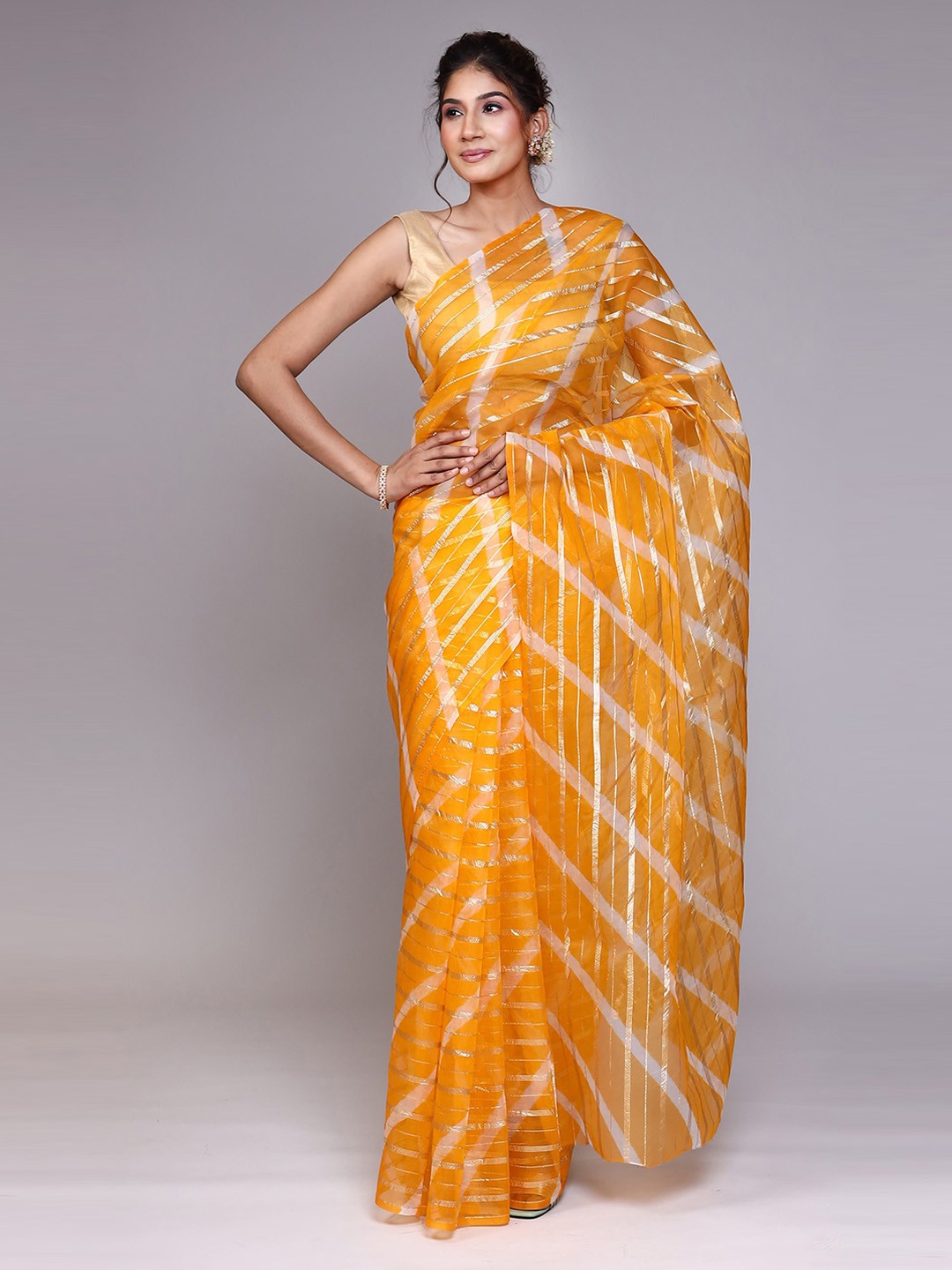 

ZARI Striped Organza Saree, Yellow