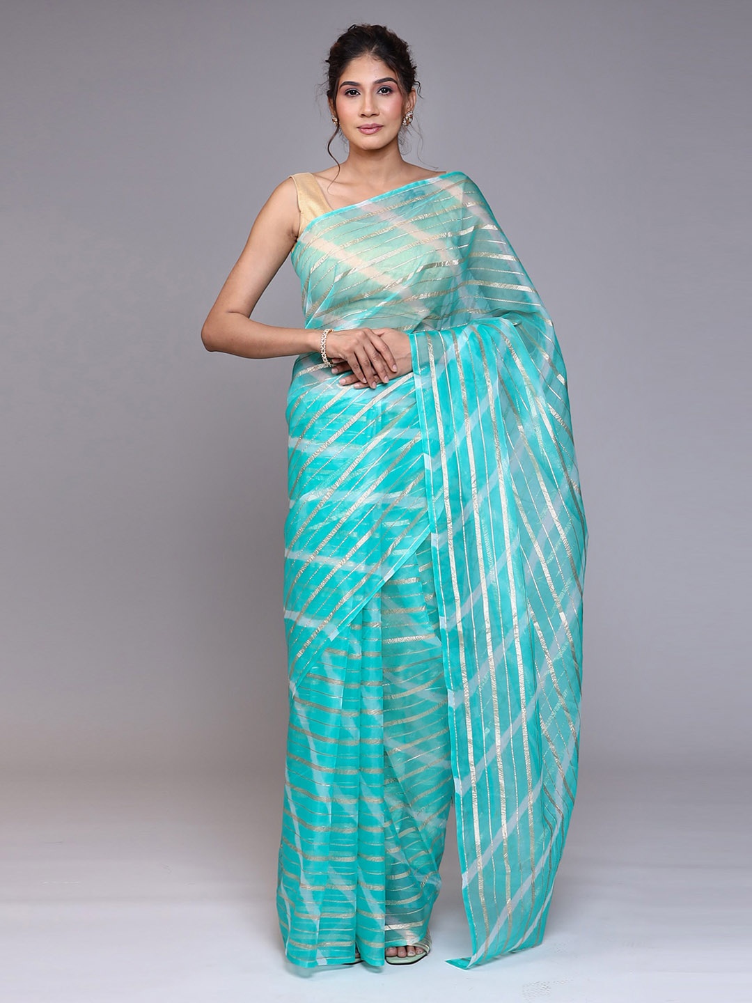 

ZARI Striped Organza Saree, Green