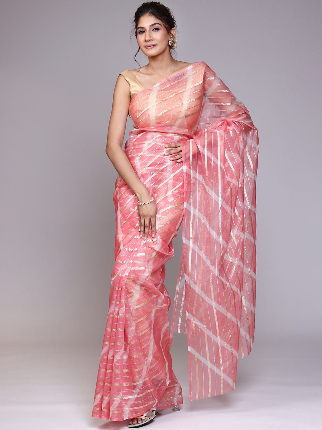 

ZARI Striped Organza Saree, Peach