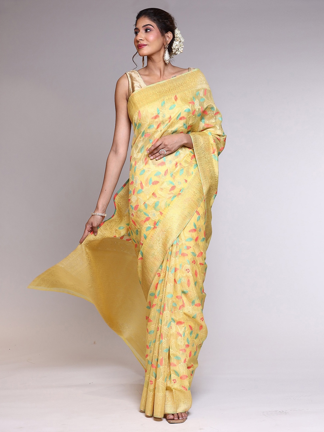 

ZARI Floral Printed Handloom Saree, Yellow