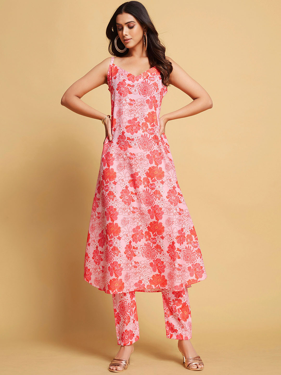 

Sangria Pink Floral Printed Shoulder Strapped Kurta With Trouser