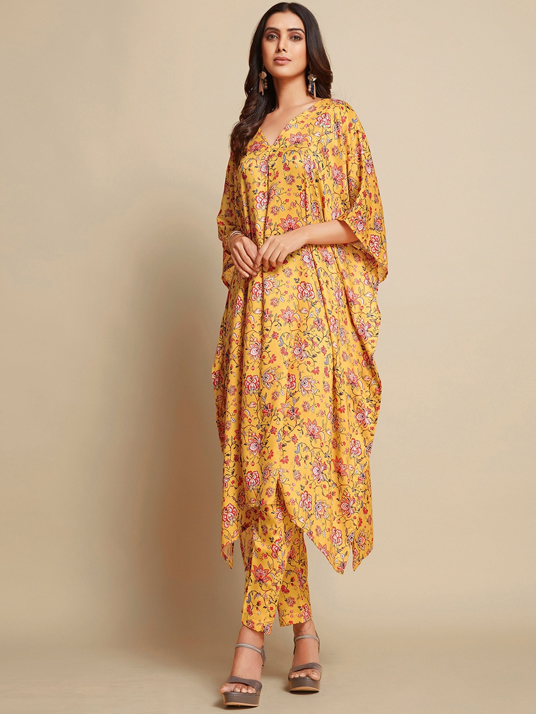 

Sangria Mustard Yellow Floral Printed V-Neck Kaftan Kurta & Trouser