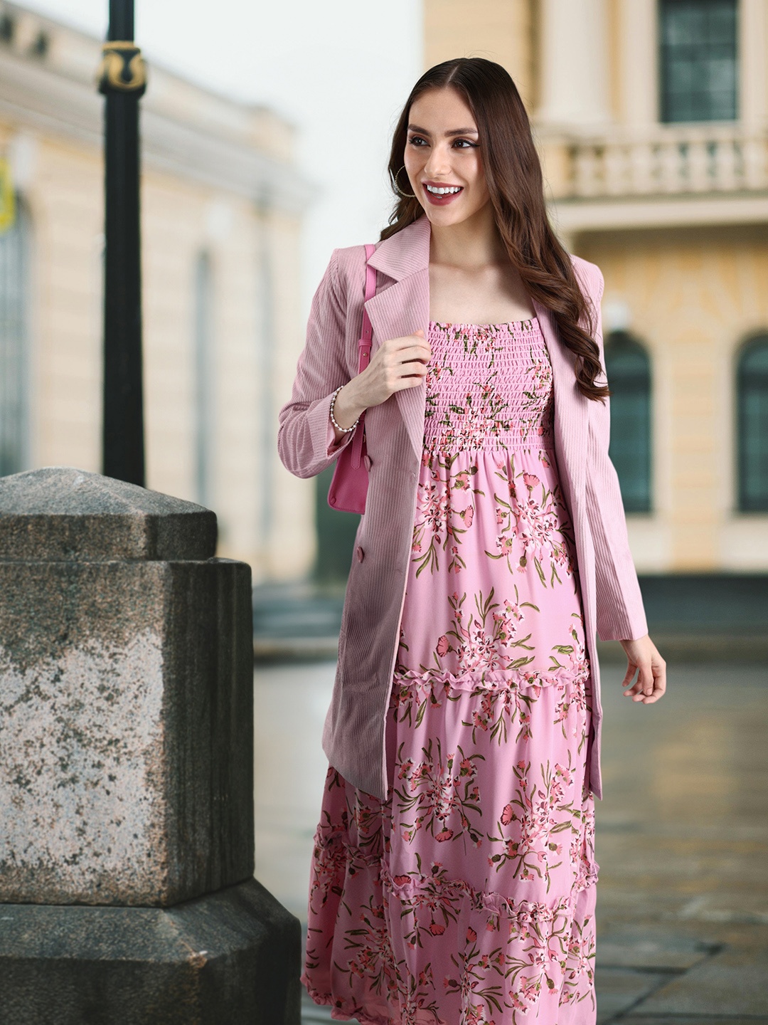 

DressBerry Floral Print Puff Sleeves Smocked Tiered Maxi Dress, Pink