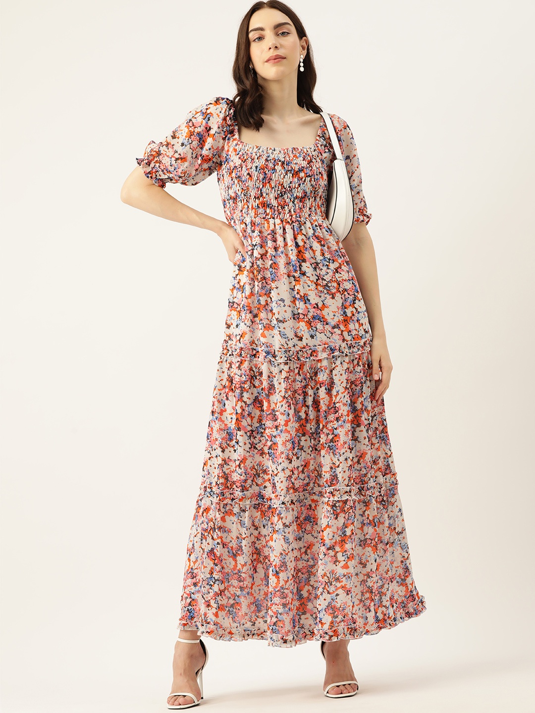 

DressBerry Floral Print Smocked A-Line Maxi Dress, Cream