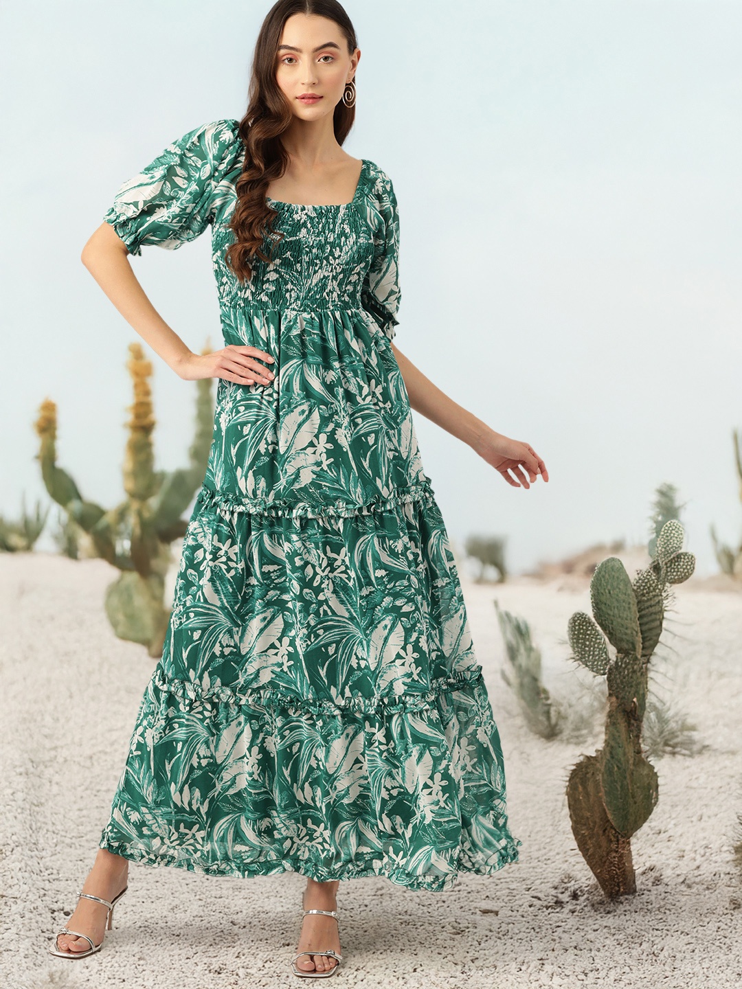 

DressBerry Floral Print Puff Sleeves Smocked Tiered Maxi Dress, Green