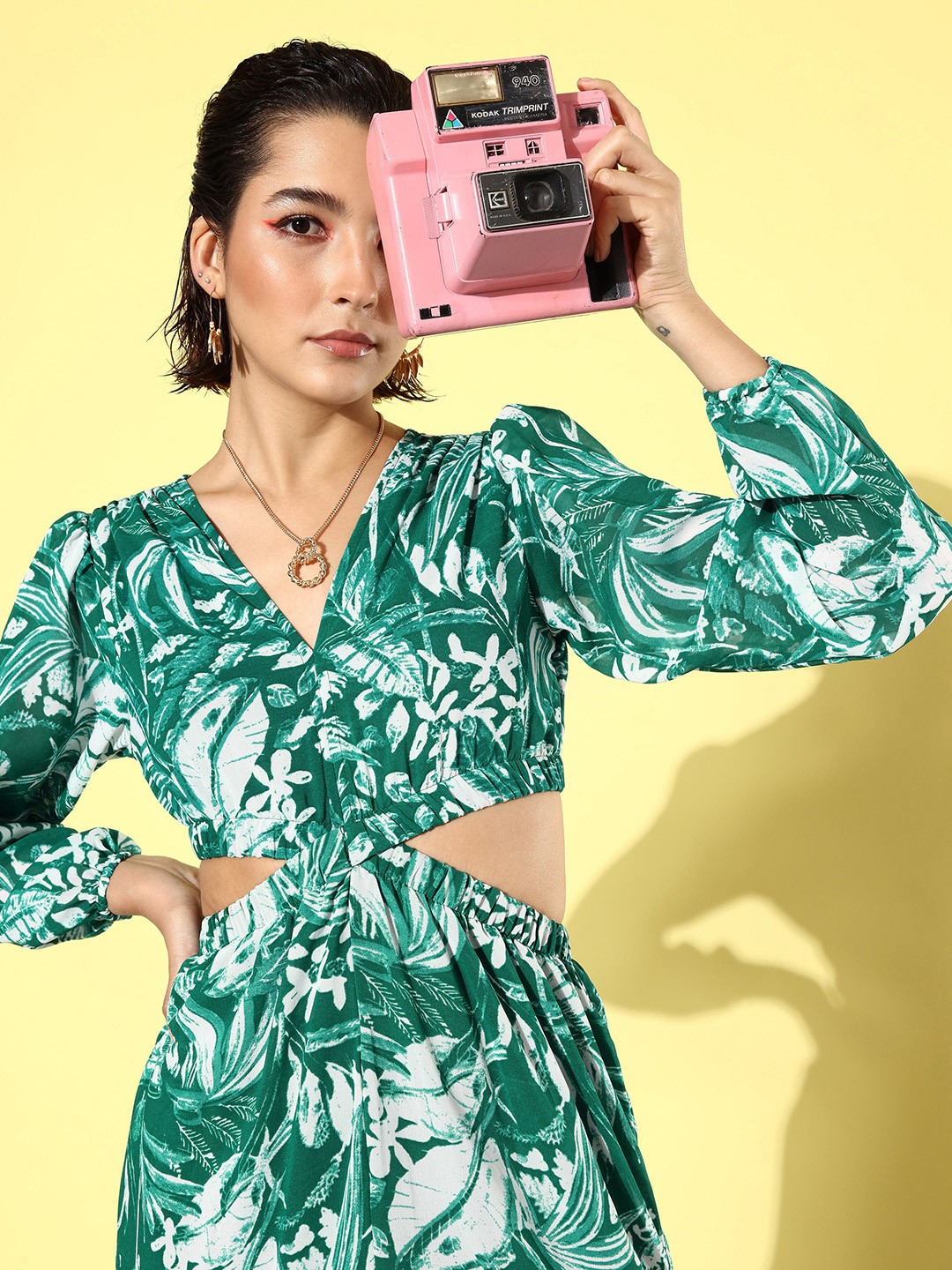 

DressBerry Dark Green Cut-Out Floral Hello Monsoon Resort Lounge Maxi Tiered Dress