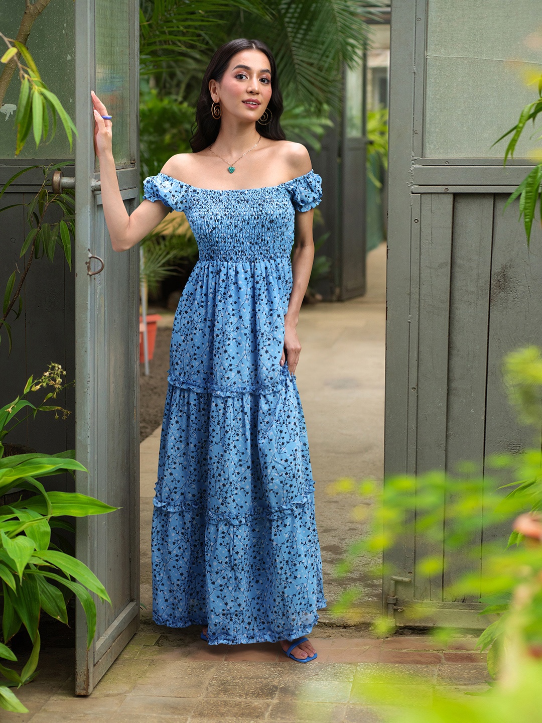 

DressBerry Floral Print Off-Shoulder Smocked Maxi Dress, Blue