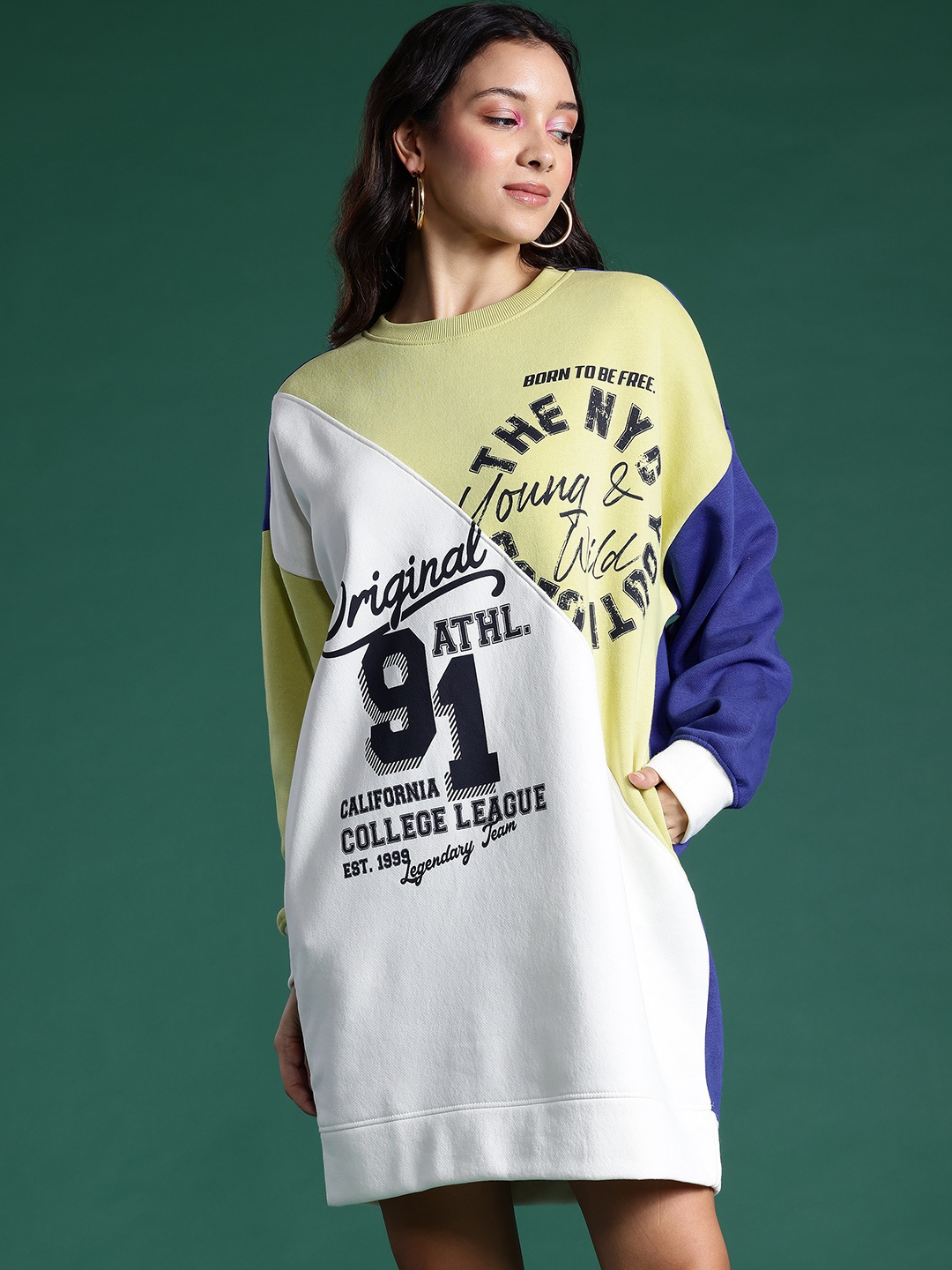 

DressBerry Printed & Colourblocked Sweatshirt Dress, Green