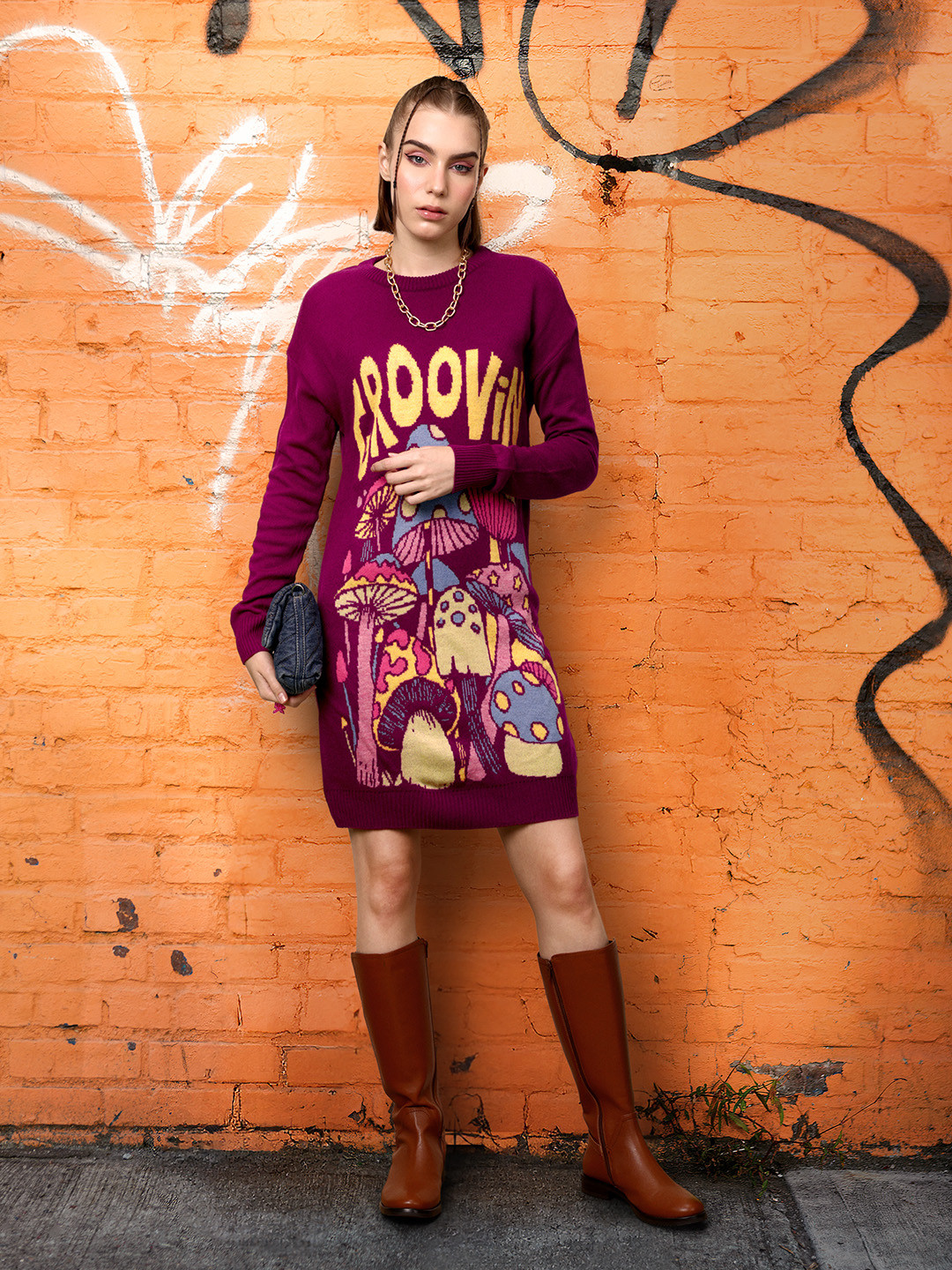 

DressBerry Pure Acrylic Knitted Pattern Sweater Dress, Magenta