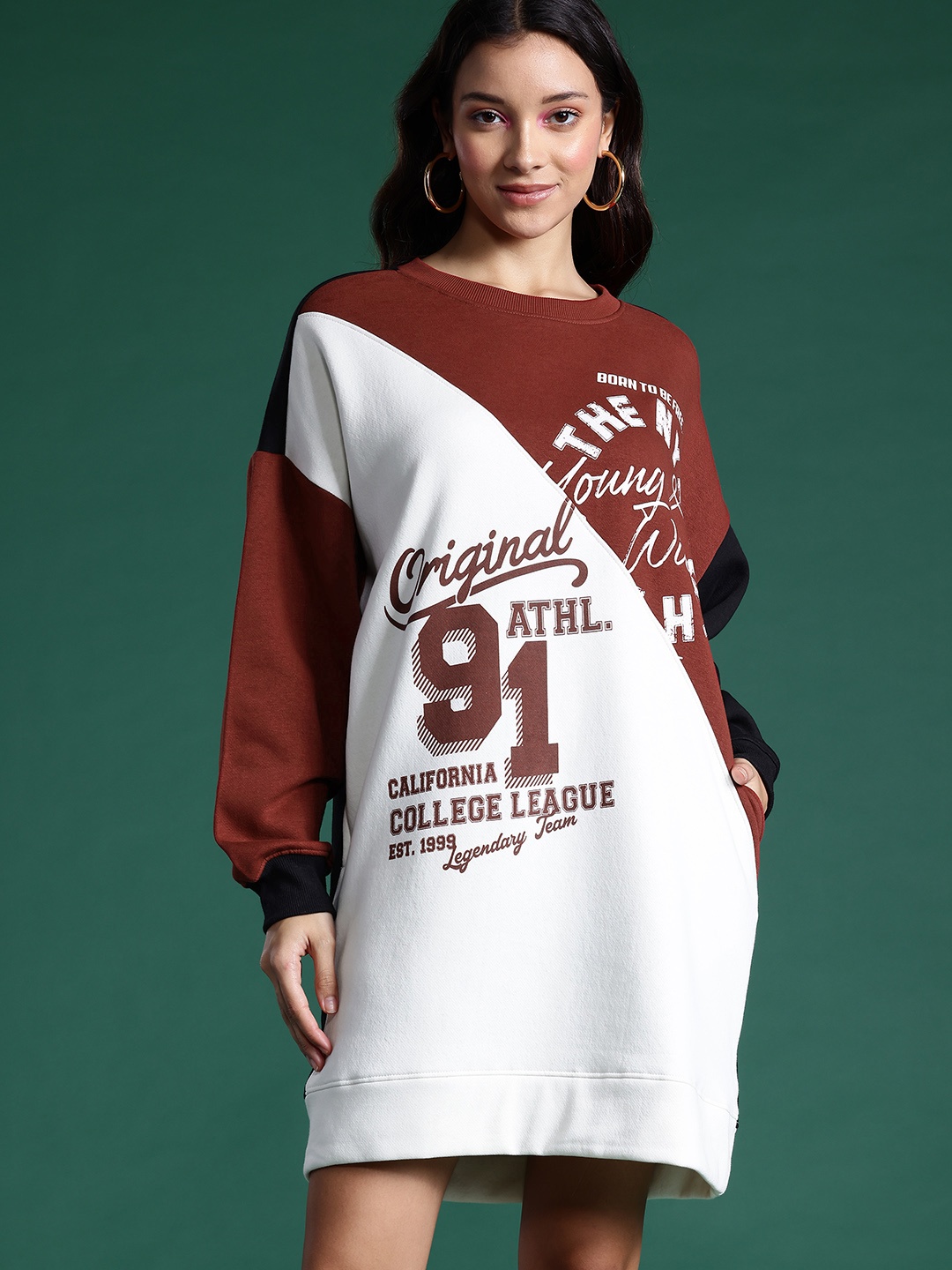 

DressBerry Printed & Colourblocked Sweatshirt Dress, Maroon