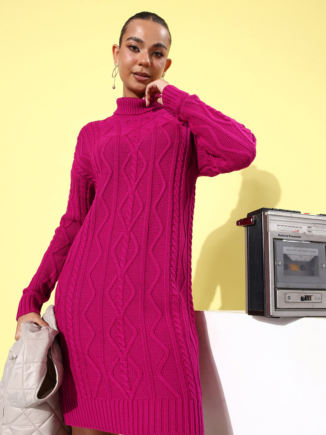 

4WRD by Dressberry Long Sleeves Turtle Neck Knitted Jumper Dress, Fuchsia