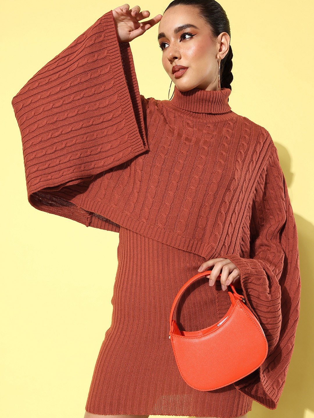 

4WRD by Dressberry Knitted Bodycon Jumper Dress Comes With A Cover-Up Poncho, Rust