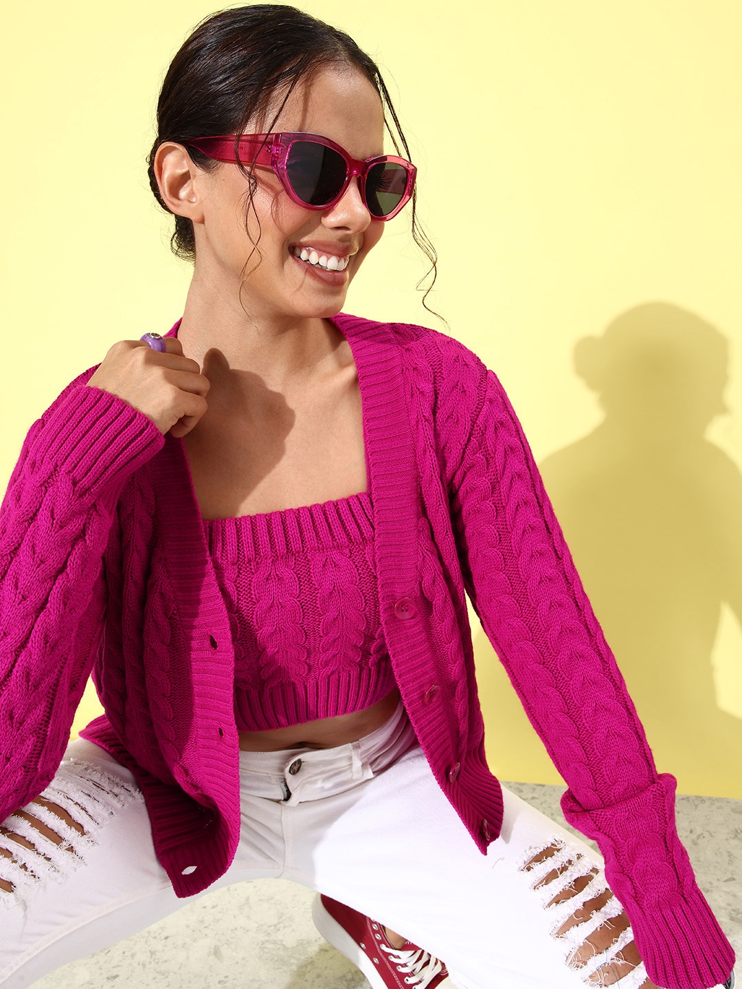 

4WRD by Dressberry Self Design Sleeveless Crop Top With Cardigan, Fuchsia