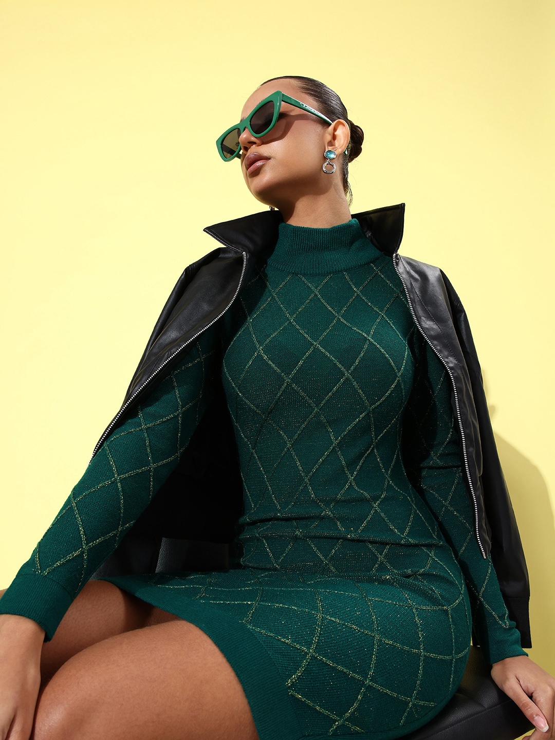 

4WRD by Dressberry Long Sleeves Turtle Neck Knitted Jumper Dress, Green