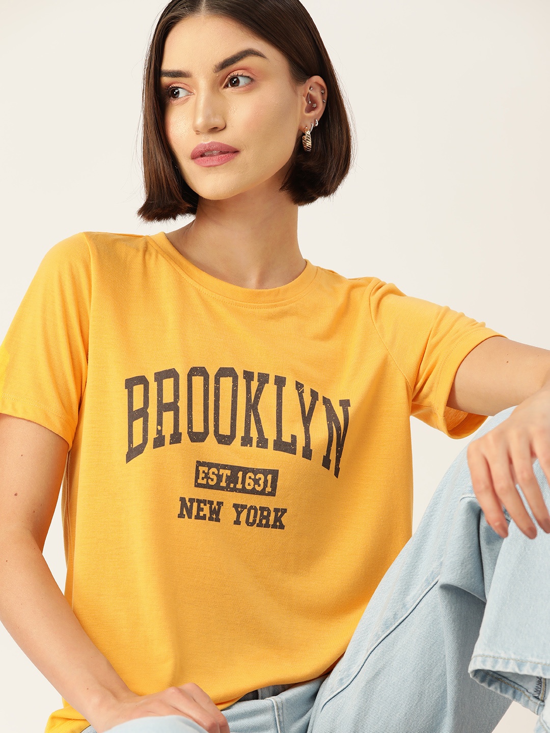 

DressBerry Women Typography Printed T-shirt, Mustard