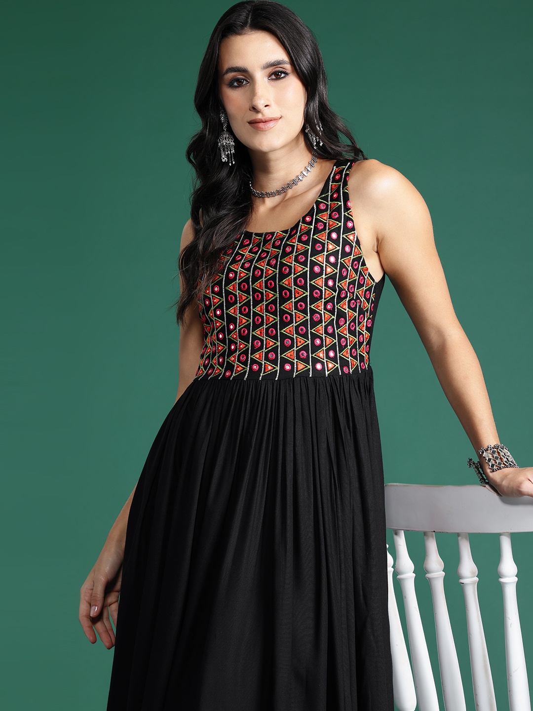 

Sangria Mirror Work Yoke Embroidered Styled Back A-Line Dress, Maroon