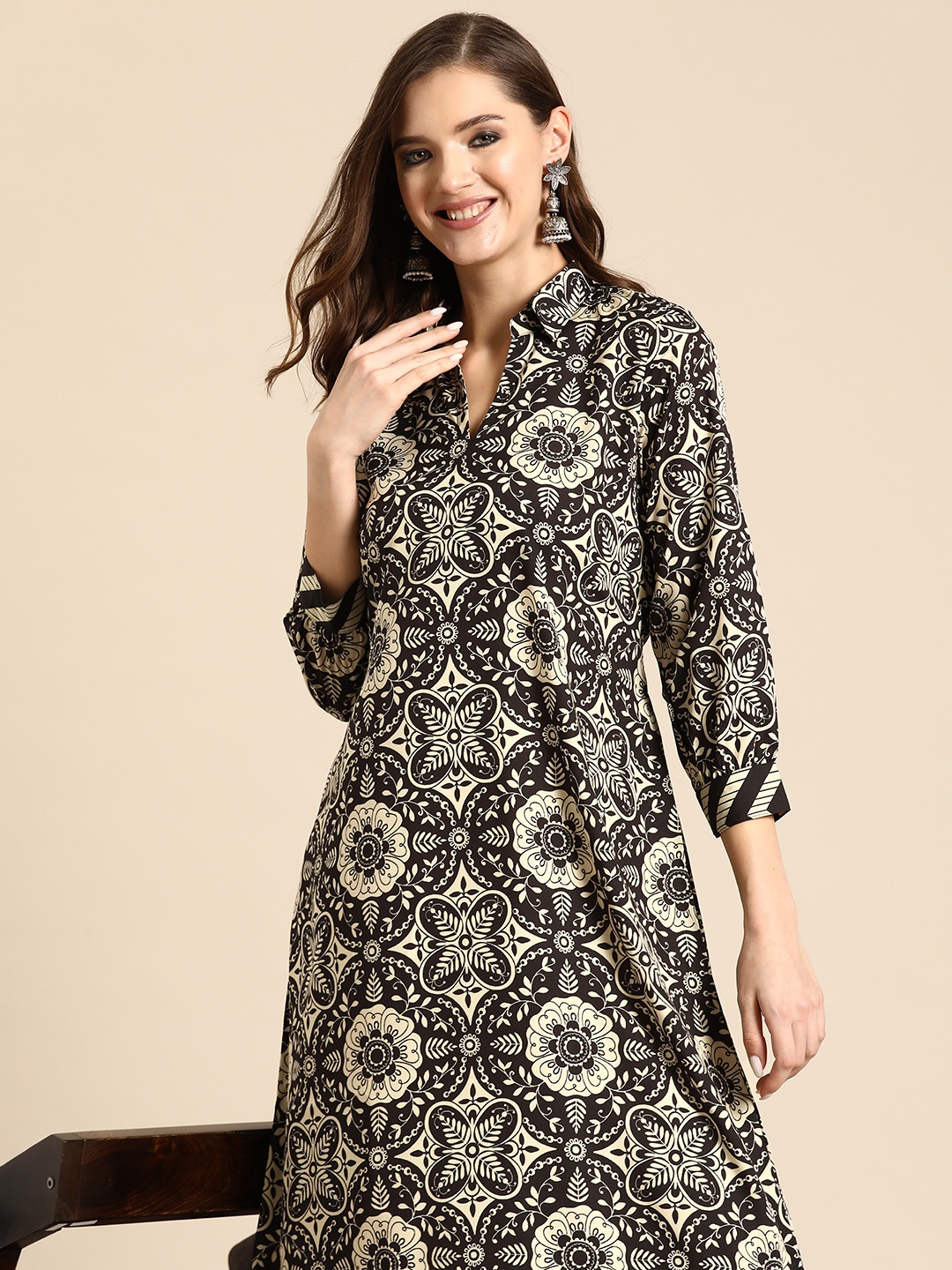 

Sangria Printed A-Line Ethnic Dress, Black