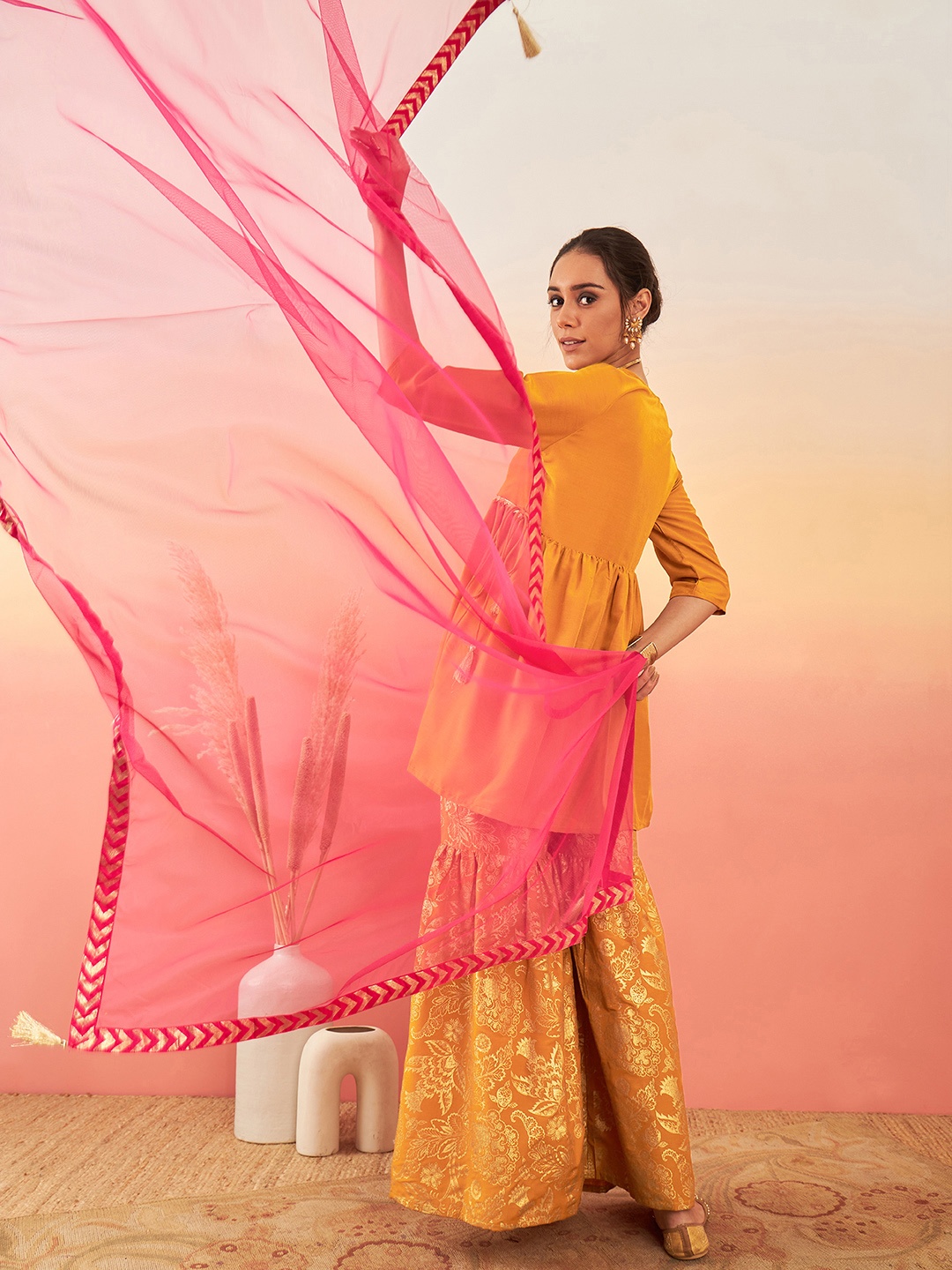 

Sangria Empire-Style Gotta Patti Kurta with Sharara & Dupatta, Mustard