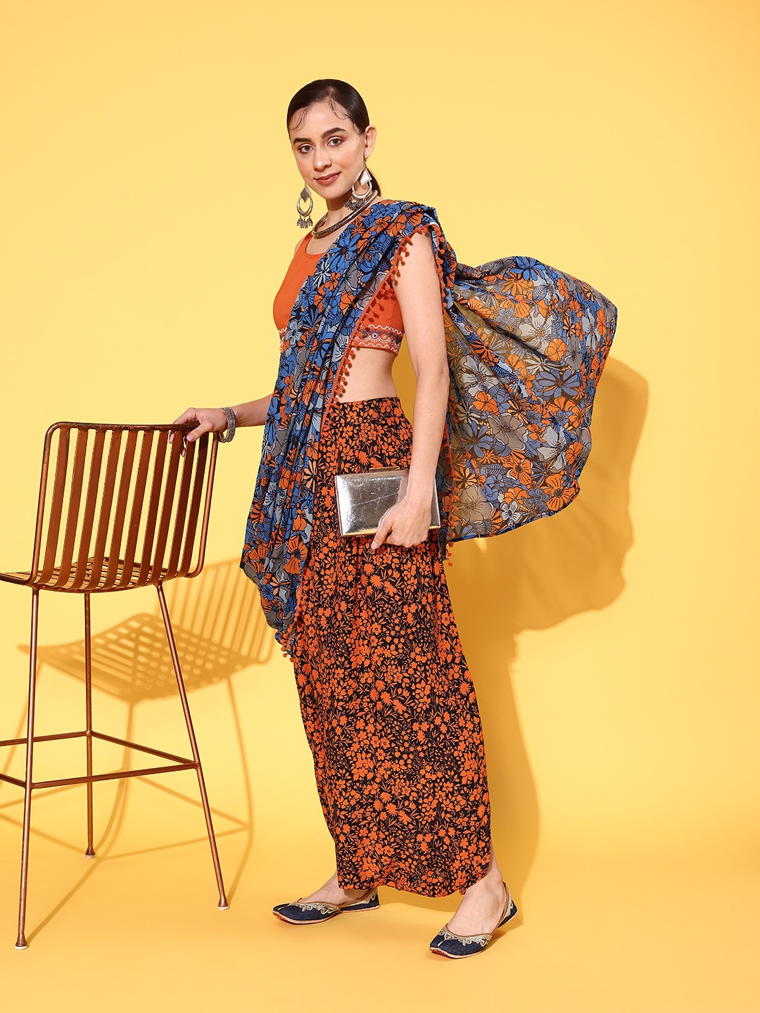 

Sangria Optimistic Orange Pom-Pom Detailed Sukoon-E-Mausam Floral Tazgi Ethnic Co-Ords