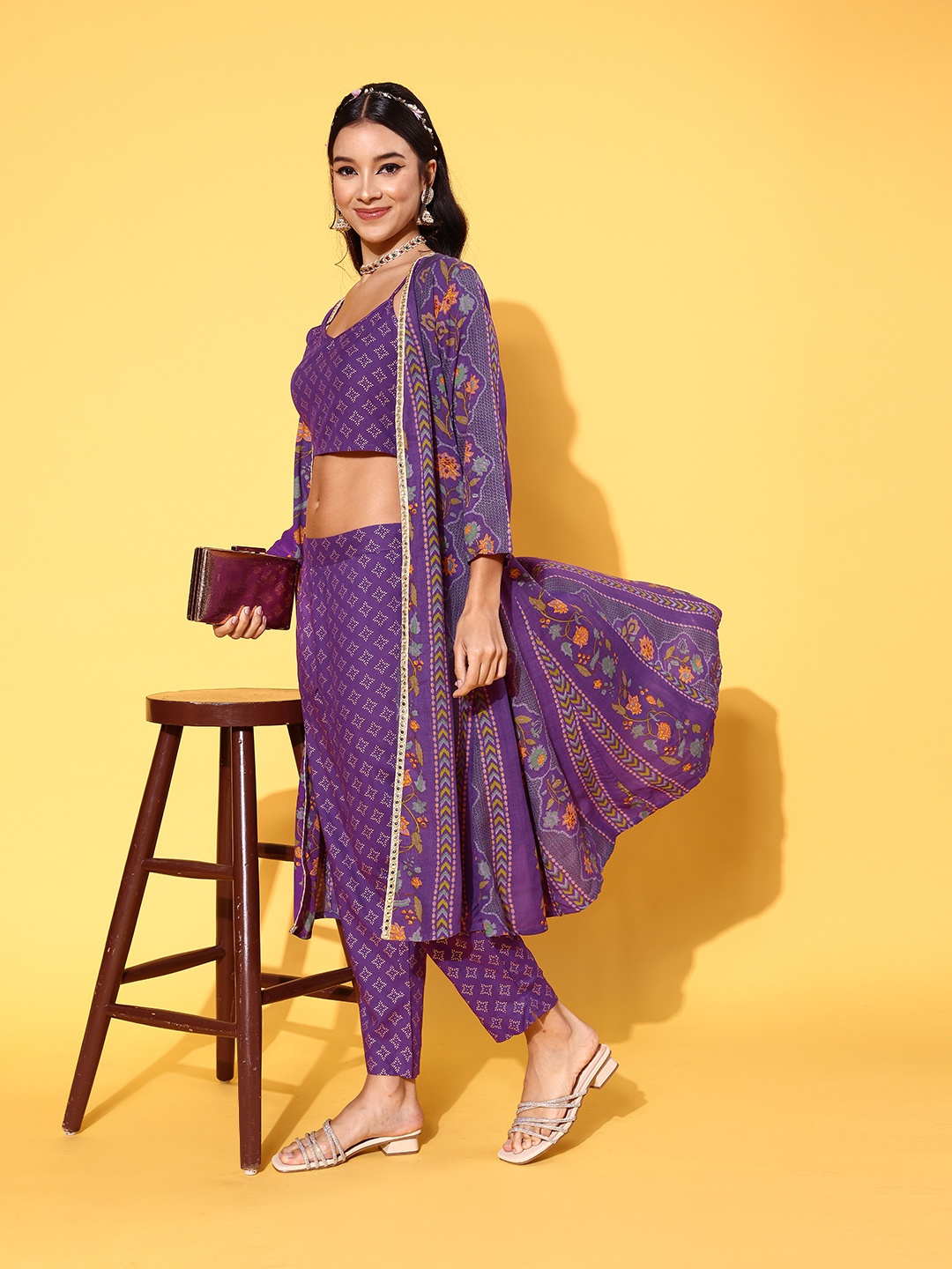 

Sangria Floral Printed Front Slit Layered Kurta with Trousers, Purple
