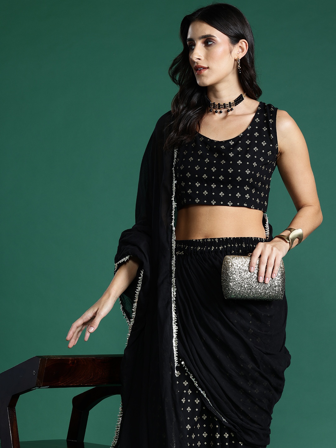 

Sangria Foil Printed Gotta Patti Dhoti Saree, Black