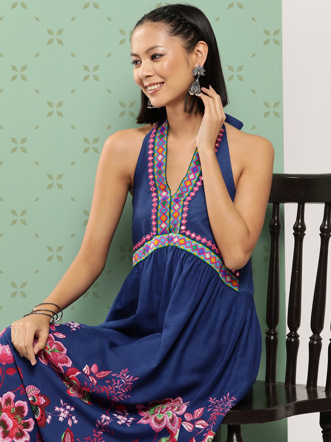 

Sangria Floral Print Halter Neck Midi Fit & Flare Dress, Blue