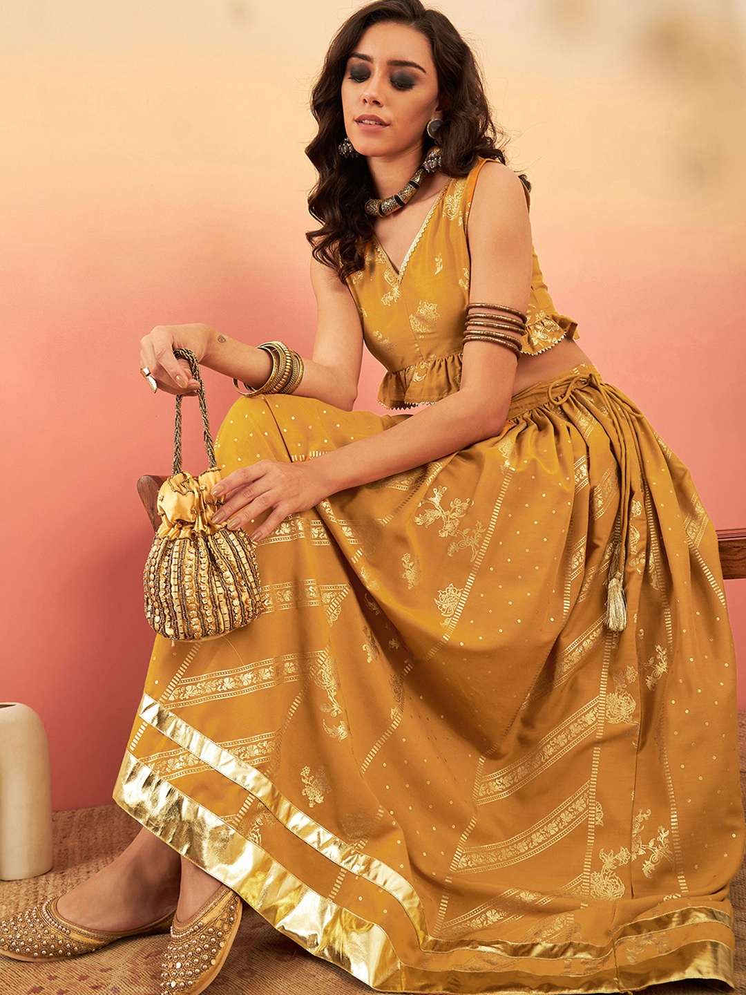 

Sangria Printed Gotta Patti Fusion Lehenga Choli, Mustard