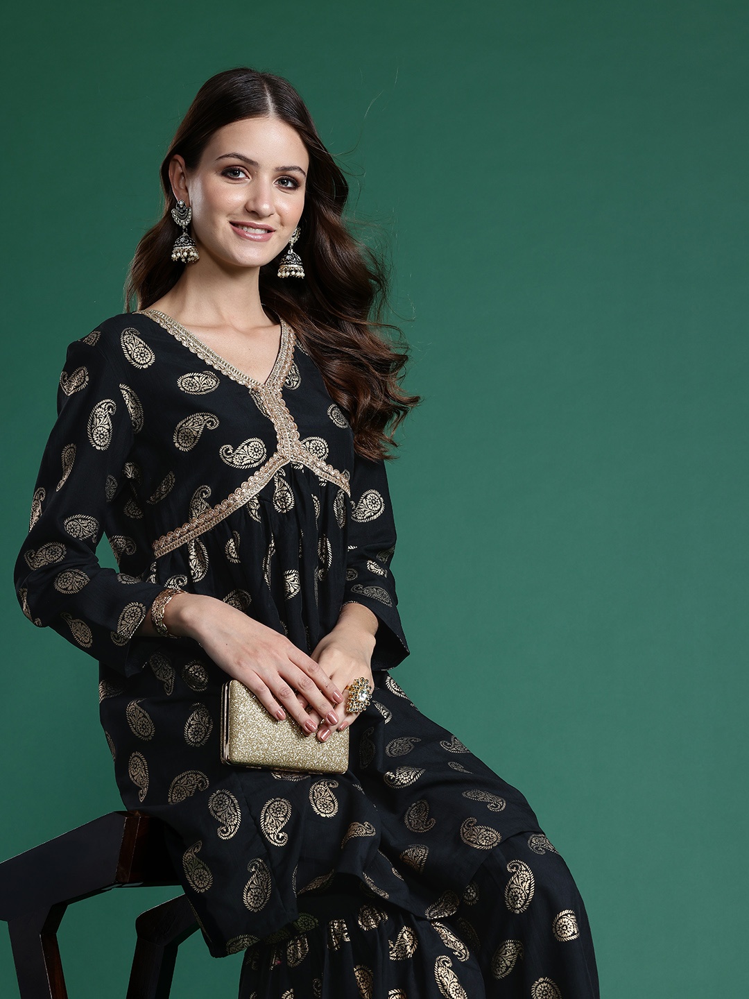 

Sangria Paisley Printed Empire Kurta with Sharara, Black