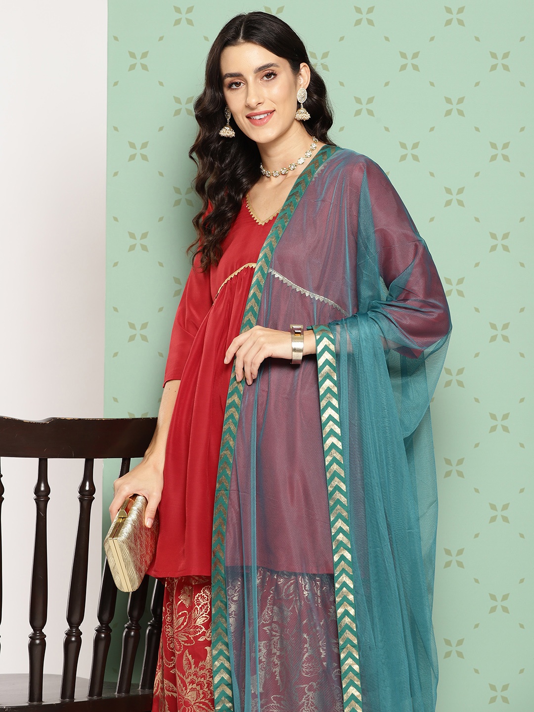 

Sangria Empire-Style Gotta Patti Kurta with Sharara & Dupatta, Red