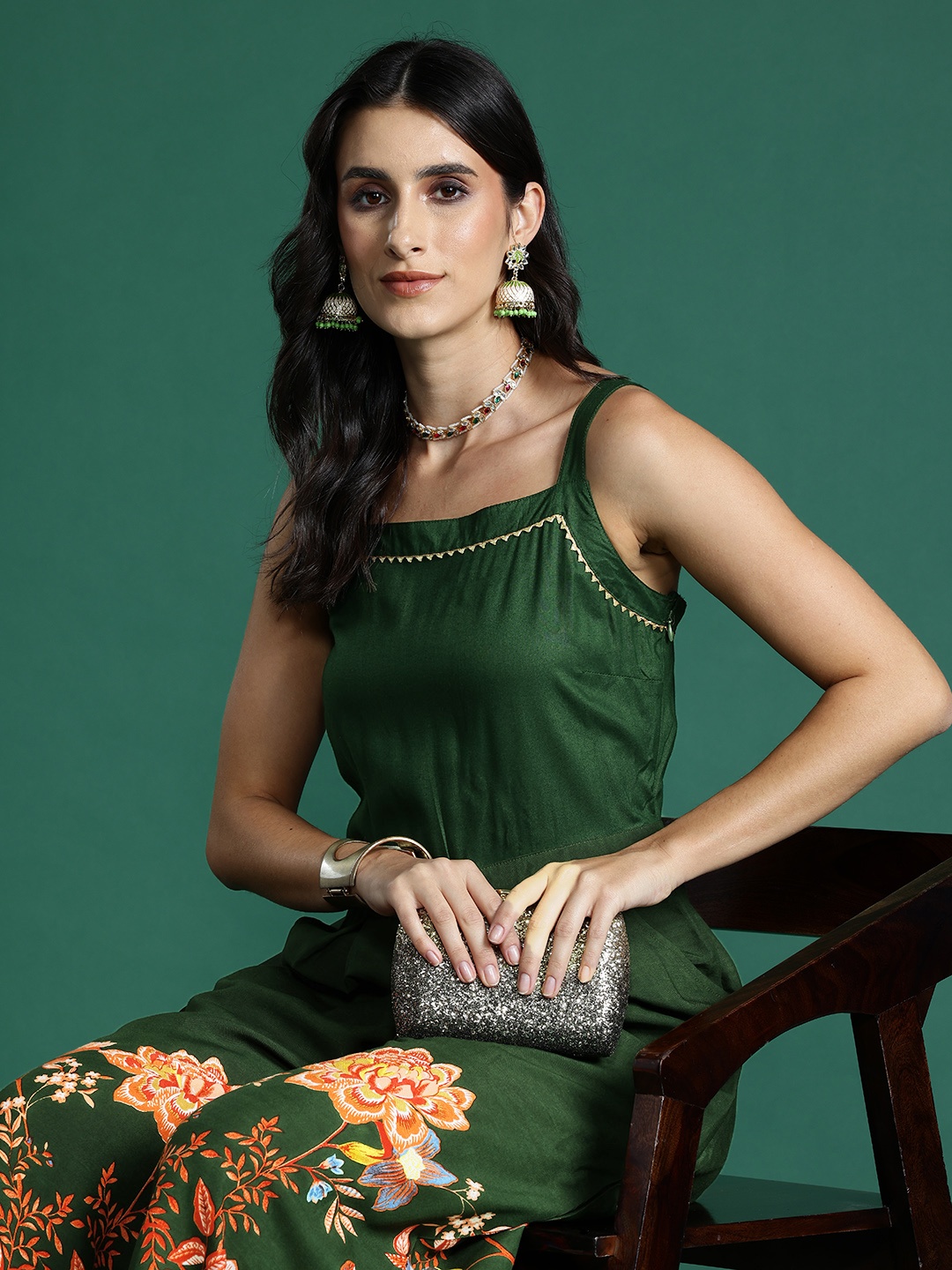 

Sangria Gota Adorned Floral Printed Jumpsuit, Green