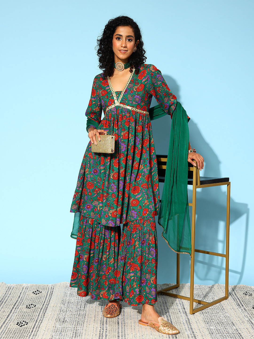 

Sangria Floral Print Mirror Work Scalloping Kurta with Sharara & Dupatta, Green