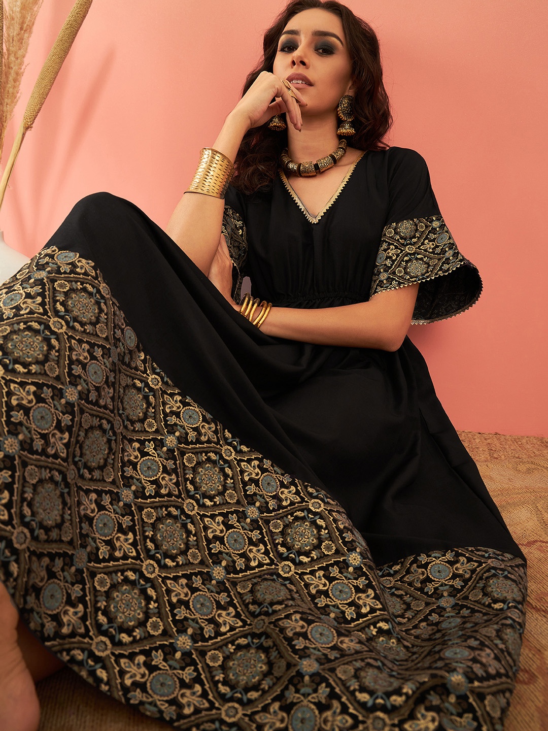 

Sangria Pure Cotton Printed Fit & Flare Ethnic Dress, Black