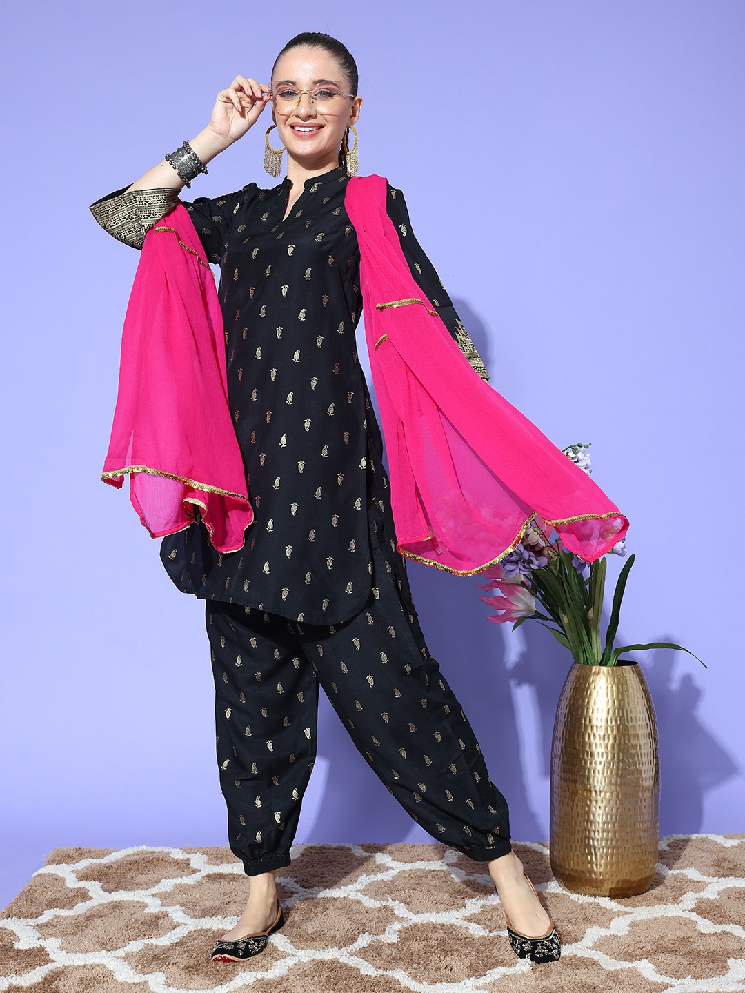 

Sangria Midnight Black Autumn Blossom Off-Beat Print Pure Cotton Kurta Set with Dupatta