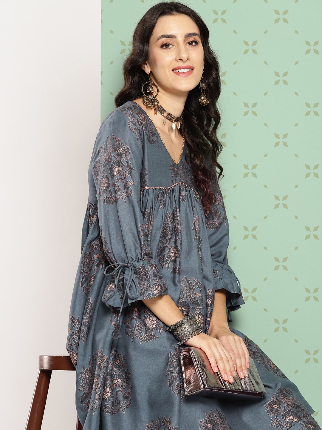 

Sangria Ethnic Motifs Print Gathered Detail A-Line Kurta with Palazzos, Charcoal