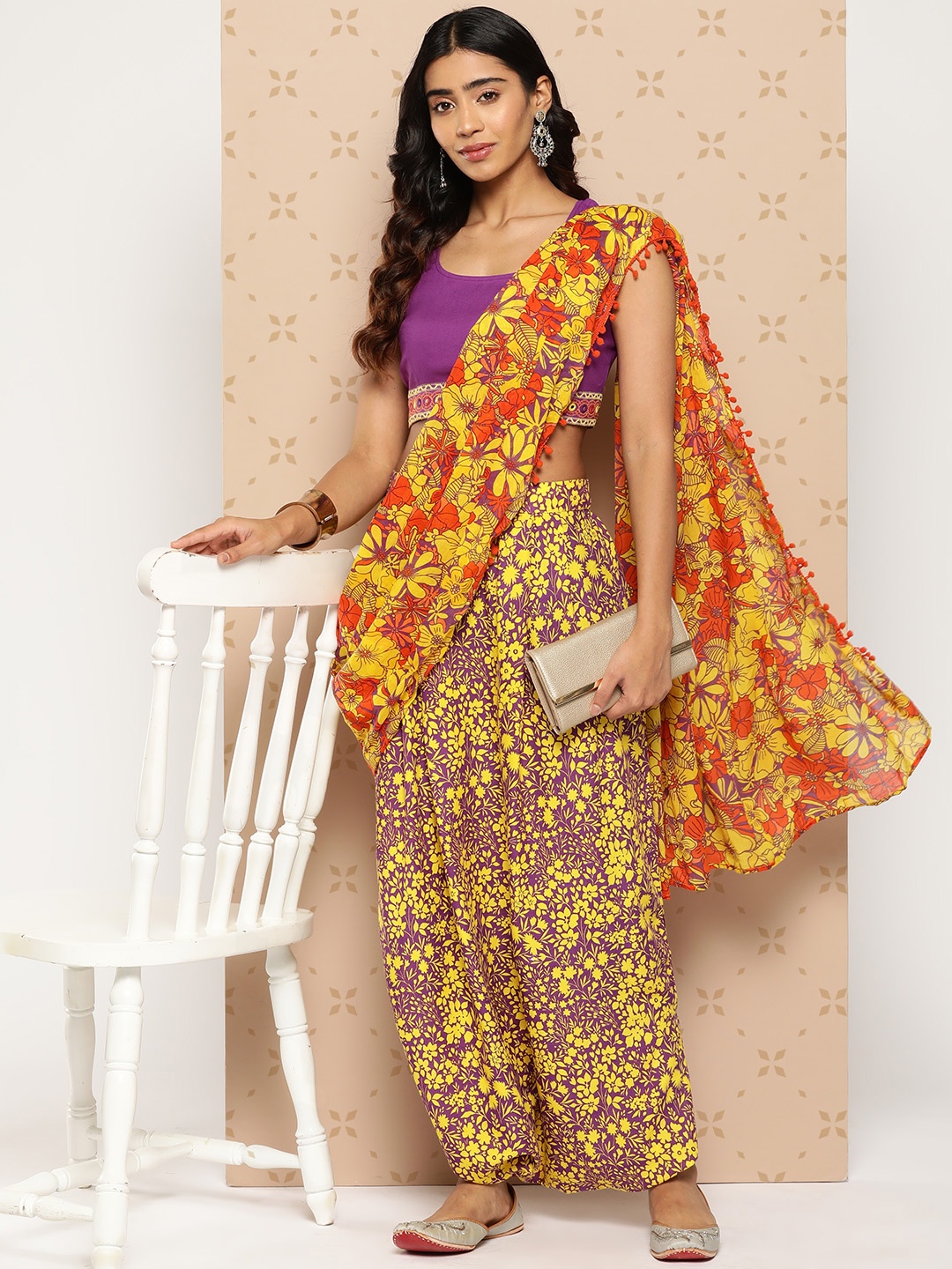 

Sangria Floral Print Palazzo Saree with Stitched Blouse, Purple