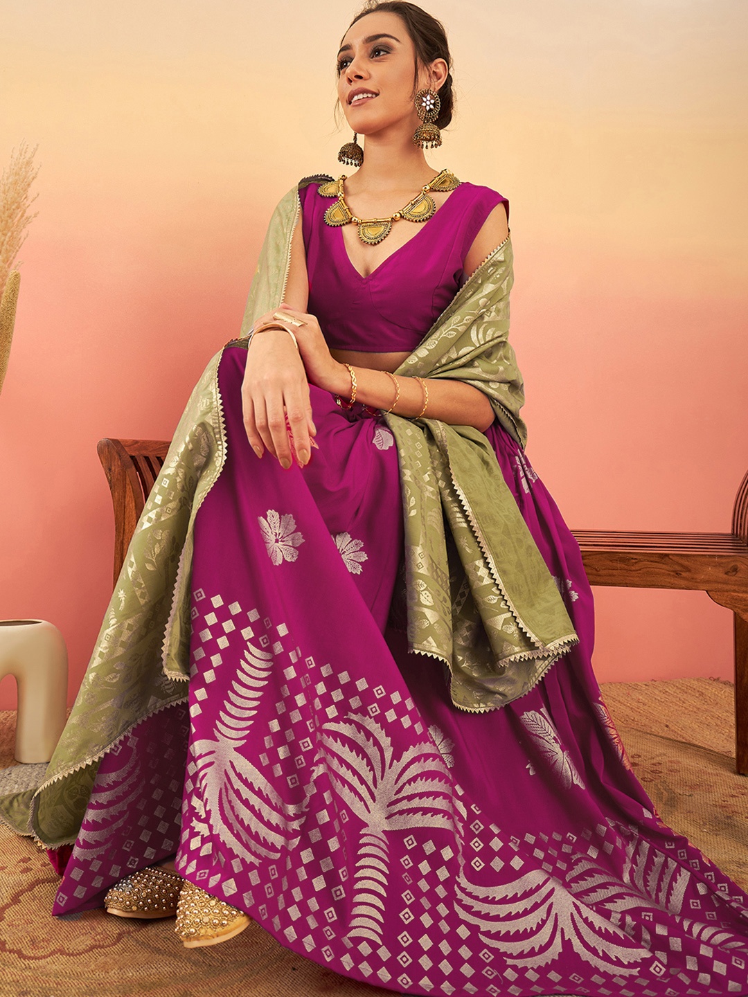 

Sangria Printed Ready to Wear Lehenga & Choli With Dupatta, Magenta