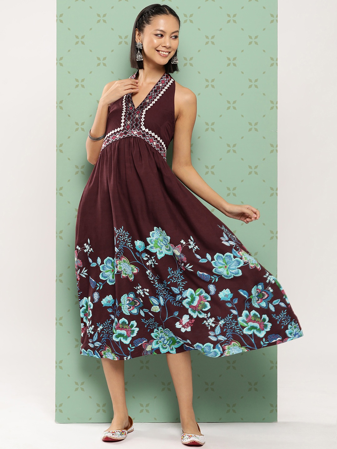 

Sangria Floral Print Halter Neck Midi Fit & Flare Dress, Brown