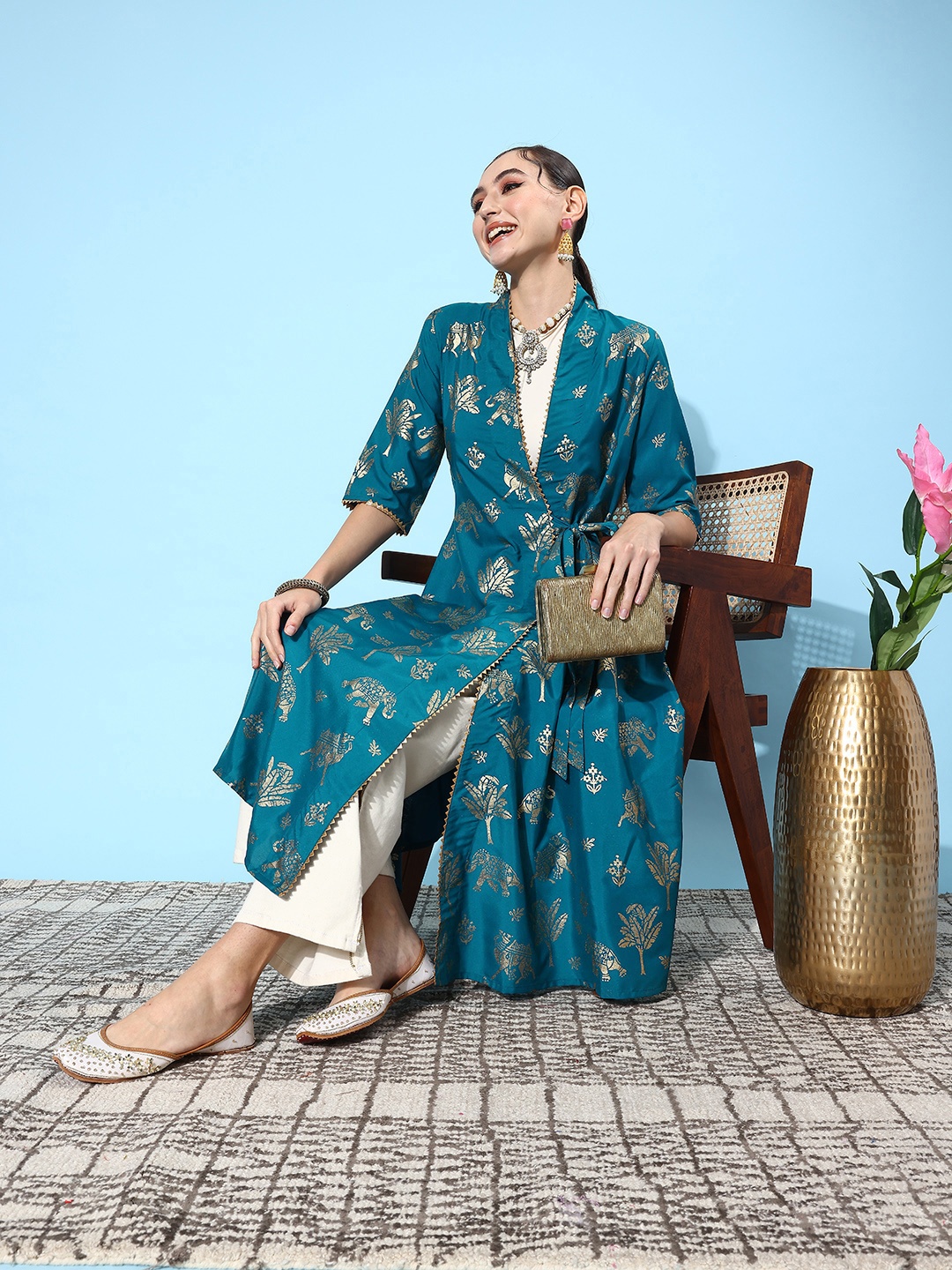 

Sangria Belted Ethnic Motifs Foil Printed Gotta Patti Angrakha Kurta, Teal