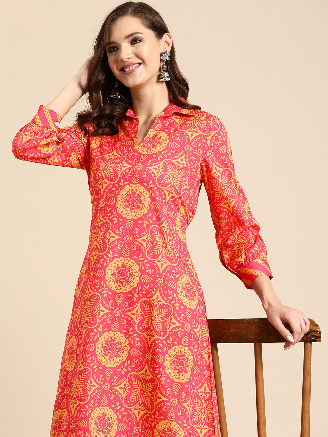 

Sangria Printed A-Line Ethnic Dress, Orange