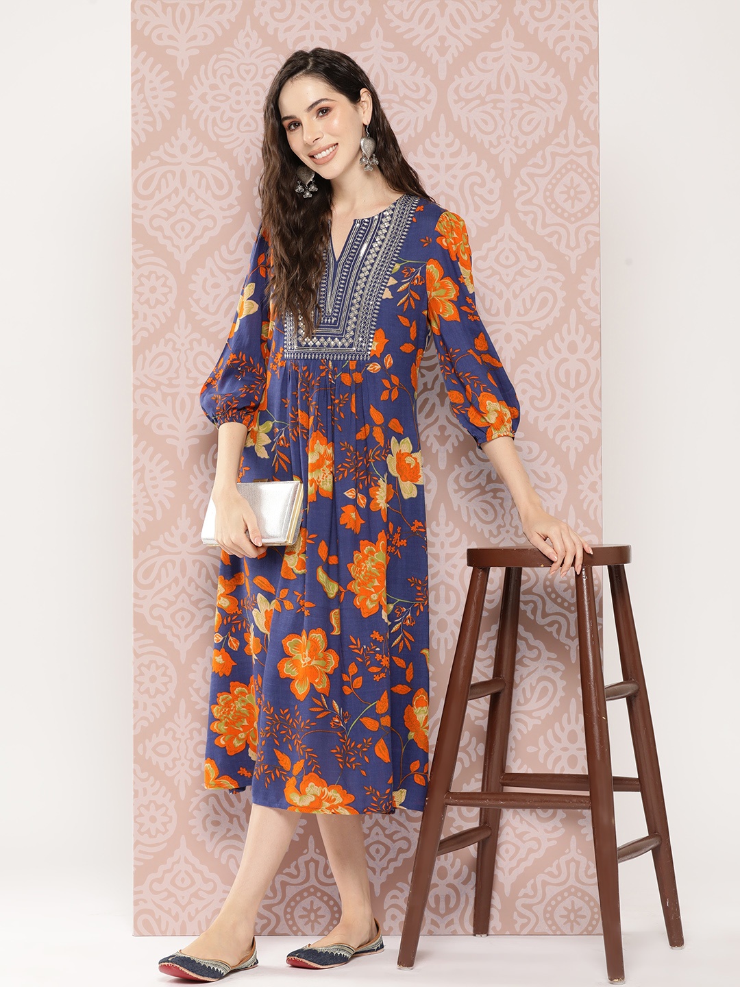 

Sangria Floral Print Midi A-Line Ethnic Dress, Blue