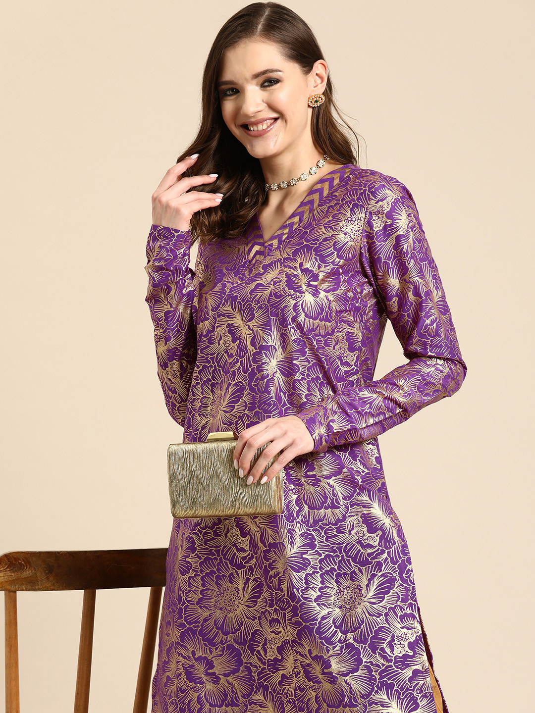 

Sangria Foil Print Cotton Kurta, Purple