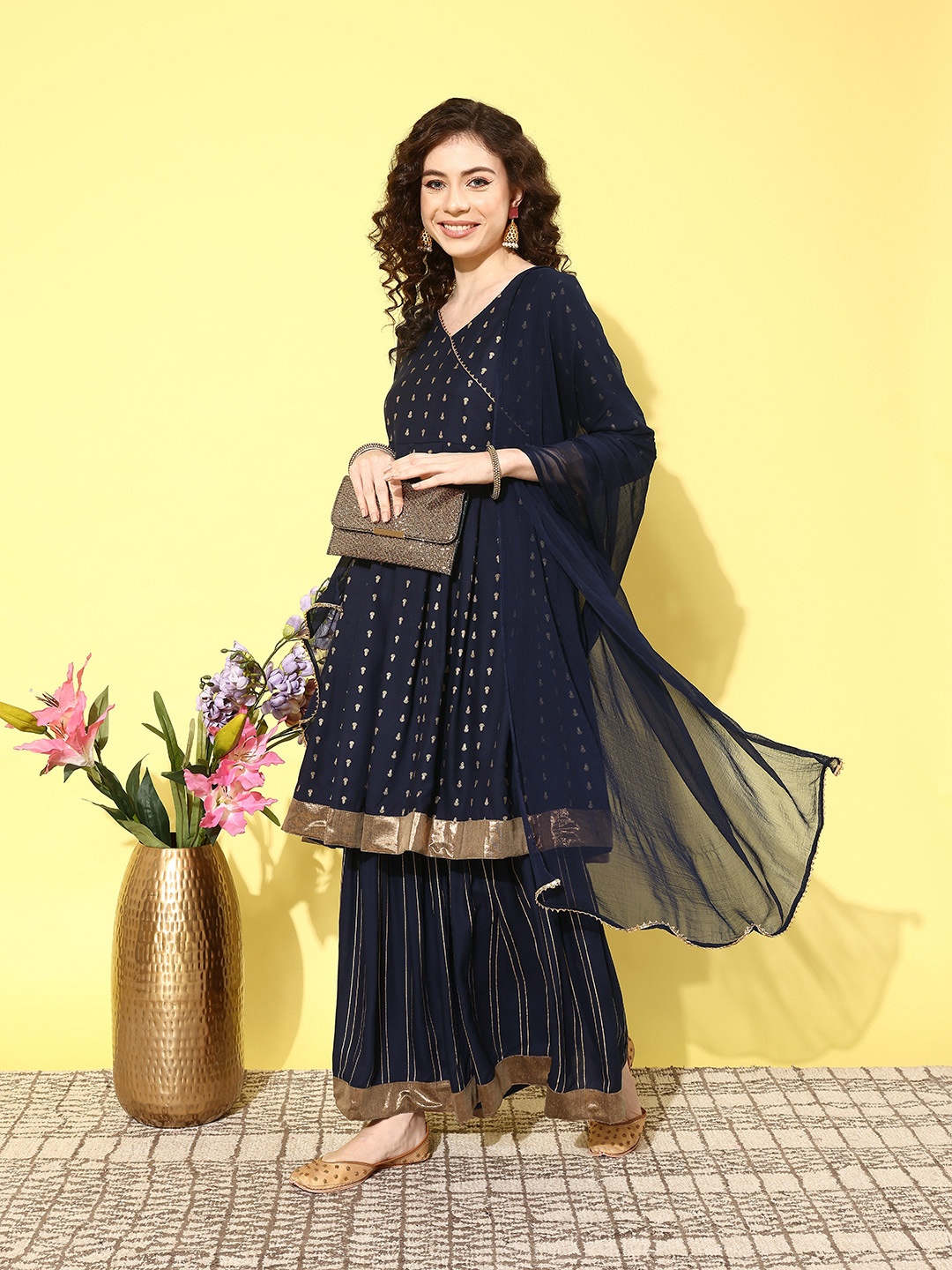 

Sangria Ethnic Motifs Printed Gota Patti Detail Angrakha Kurta Set, Navy blue