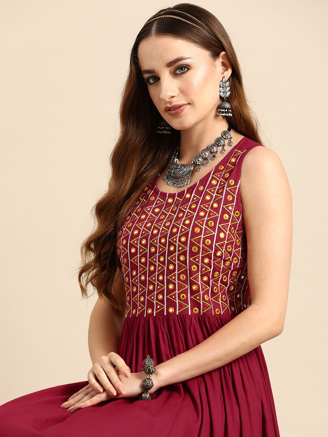 

Sangria Embroidered & Mirror Work Pleated Styled Back Ethnic Dress, Red