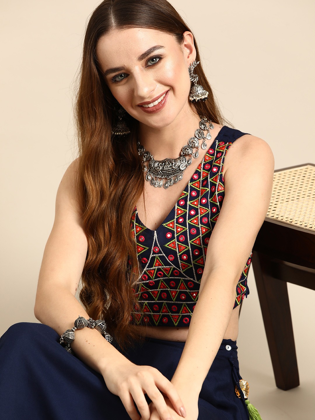 

Sangria Embroidered Mirror Work Ready to Wear Lehenga Choli, Navy blue