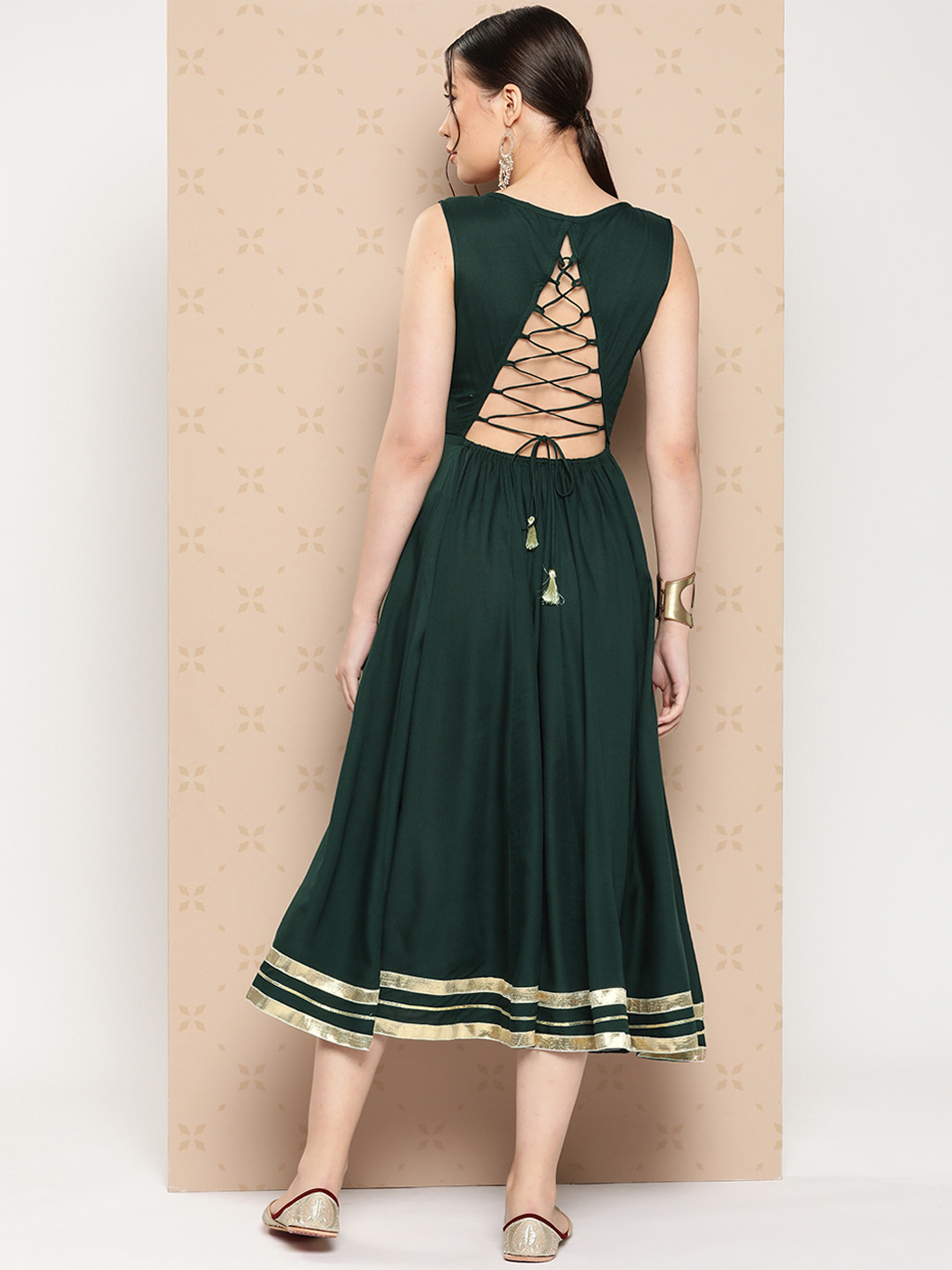 

Sangria Back Lace-Up Gotta Patti Midi Fit & Flare Ethnic Dress, Green