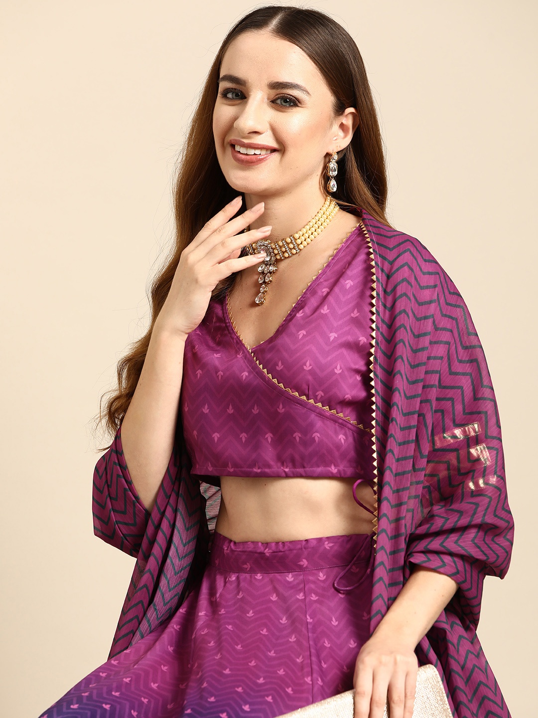 

Sangria Ethnic Motifs Print Ready to Wear Lehenga & Choli With Dupatta, Purple